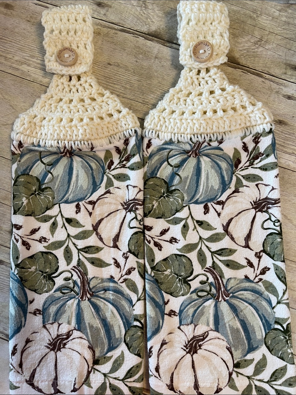 Blue Pumpkins/Autumn Crochet Top Hanging Towel Set of Two Single Thickness